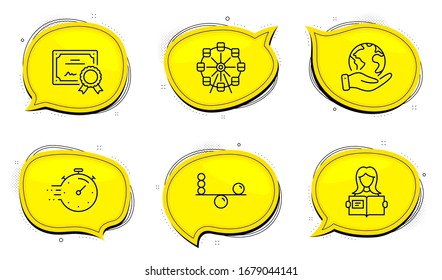 Timer sign. Diploma certificate, save planet chat bubbles. Ferris wheel, Woman read and Balance line icons set. Attraction park, Girl studying, Concentration. Deadline management. Business set. Vector