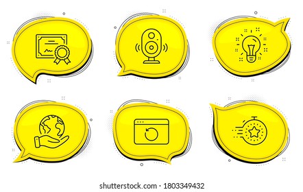 Signo de temporizador. Certificado de diploma, salva las burbujas de chat del planeta. Los iconos de la línea de recuperación de Internet, Speaker e Idea están configurados. Información de respaldo, sonido musical, creatividad. Gestión de plazos. Conjunto de ciencia. Vector