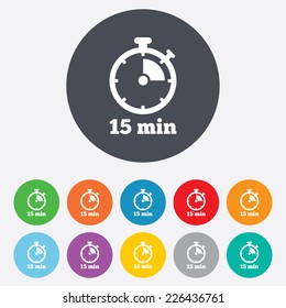 Timer sign icon. 15 minutes stopwatch symbol. Round colourful 11 buttons. Vector