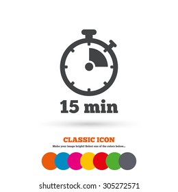 Timer sign icon. 15 minutes stopwatch symbol. Classic flat icon. Colored circles. Vector