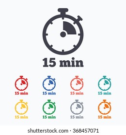 Timer sign icon. 15 minutes stopwatch symbol. Colored flat icons on white background.