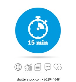 Timer sign icon. 15 minutes stopwatch symbol. Copy files, chat speech bubble and chart web icons. Vector