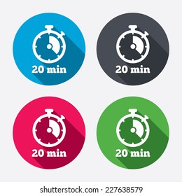 Timer sign icon. 20 minutes stopwatch symbol. Circle buttons with long shadow. 4 icons set. Vector