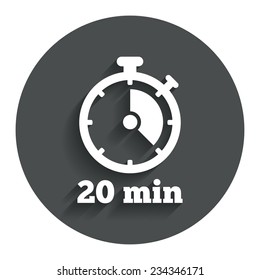 Timer sign icon. 20 minutes stopwatch symbol. Gray flat button with shadow. Modern UI website navigation. Vector