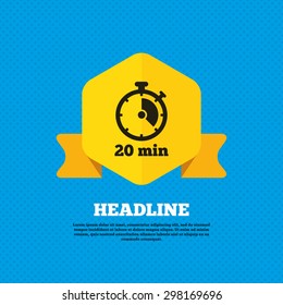 Timer sign icon. 20 minutes stopwatch symbol. Yellow label tag. Circles seamless pattern on back. Vector