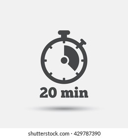 Timer sign icon. 20 minutes stopwatch symbol. Flat timer web icon on white background. Vector