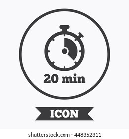 Timer sign icon. 20 minutes stopwatch symbol. Graphic design element. Flat symbol in circle button. Vector