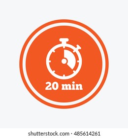 Timer sign icon. 20 minutes stopwatch symbol. Graphic design element. Flat timer symbol on the round button. Vector