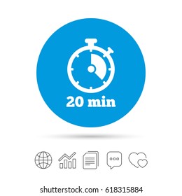 Timer sign icon. 20 minutes stopwatch symbol. Copy files, chat speech bubble and chart web icons. Vector