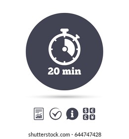 Timer sign icon. 20 minutes stopwatch symbol. Report document, information and check tick icons. Currency exchange. Vector
