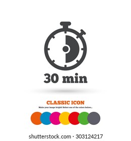 Timer sign icon. 30 minutes stopwatch symbol. Classic flat icon. Colored circles. Vector