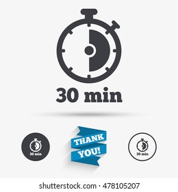 Timer sign icon. 30 minutes stopwatch symbol. Flat icons. Buttons with icons. Thank you ribbon. Vector