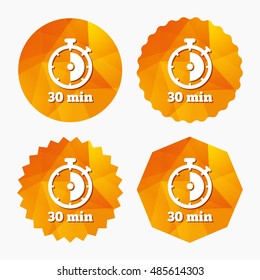 Timer sign icon. 30 minutes stopwatch symbol. Triangular low poly buttons with flat icon. Vector