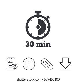 Timer sign icon. 30 minutes stopwatch symbol. Report, Time and Download line signs. Paper Clip linear icon. Vector