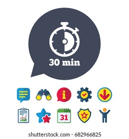 Timer sign icon. 30 minutes stopwatch symbol. Information, Report and Speech bubble signs. Binoculars, Service and Download, Stars icons. Vector
