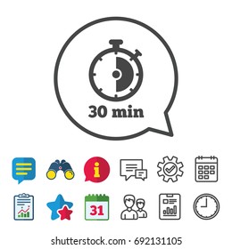 Timer sign icon. 30 minutes stopwatch symbol. Information, Report and Calendar signs. Group, Service and Chat line icons. Vector
