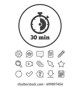 Timer sign icon. 30 minutes stopwatch symbol. Document, Chat and Paper clip line signs. Question, Pencil and Calendar line icons. Star, Download and Shopping cart. Vector