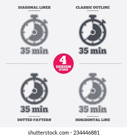 Timer sign icon. 35 minutes stopwatch symbol. Diagonal and horizontal lines, classic outline, dotted texture. Pattern design icons.  Vector
