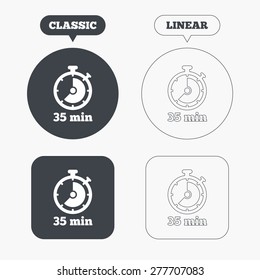 Timer sign icon. 35 minutes stopwatch symbol. Classic and line web buttons. Circles and squares. Vector
