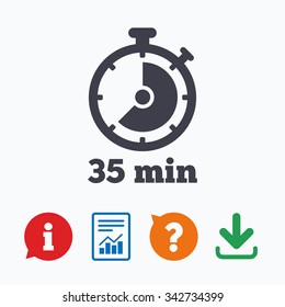 Timer sign icon. 35 minutes stopwatch symbol. Information think bubble, question mark, download and report.