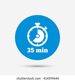 Timer sign icon. 35 minutes stopwatch symbol. Blue circle button with icon. Vector