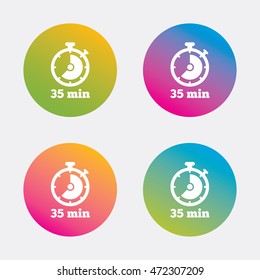 Timer sign icon. 35 minutes stopwatch symbol. Gradient flat buttons with icon. Modern design. Vector