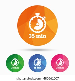 Timer sign icon. 35 minutes stopwatch symbol. Triangular low poly button with flat icon. Vector