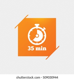 Timer sign icon. 35 minutes stopwatch symbol. Orange square label on pattern. Vector