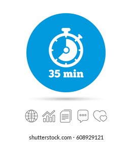 Timer sign icon. 35 minutes stopwatch symbol. Copy files, chat speech bubble and chart web icons. Vector
