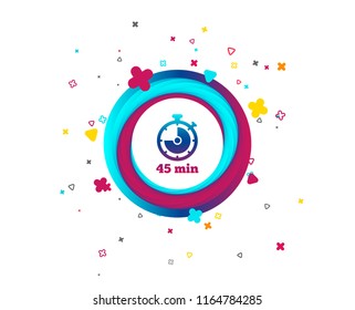 Timer sign icon. 45 minutes stopwatch symbol. Colorful button with icon. Geometric elements. Vector