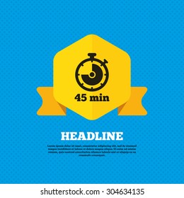 Timer sign icon. 45 minutes stopwatch symbol. Yellow label tag. Circles seamless pattern on back. Vector