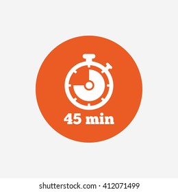 Timer sign icon. 45 minutes stopwatch symbol. Orange circle button with icon. Vector