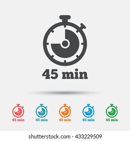 Timer sign icon. 45 minutes stopwatch symbol. Graphic element on white background. Colour clean flat timer icons. Vector