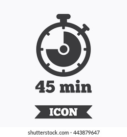 Timer sign icon. 45 minutes stopwatch symbol. Graphic design element. Flat timer symbol on white background. Vector