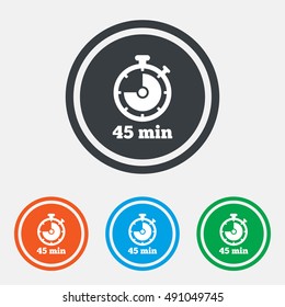 Timer sign icon. 45 minutes stopwatch symbol. Graphic design web element. Flat timer symbol on the round button. Vector