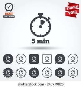 Timer sign icon. 5 minutes stopwatch symbol. Circle, star, speech bubble and square buttons. Award medal with check mark. Thank you. Vector