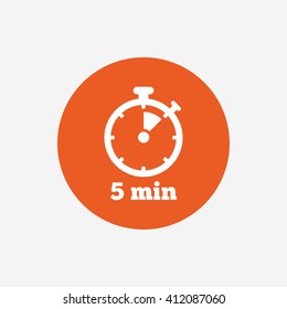 Timer sign icon. 5 minutes stopwatch symbol. Orange circle button with icon. Vector
