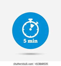 Timer sign icon. 5 minutes stopwatch symbol. Blue circle button with icon. Vector