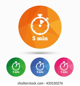 Timer sign icon. 5 minutes stopwatch symbol. Triangular low poly button with flat icon. Vector