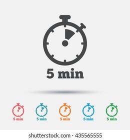Timer sign icon. 5 minutes stopwatch symbol. Graphic element on white background. Colour clean flat timer icons. Vector