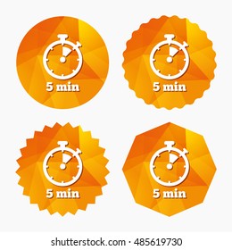 Timer sign icon. 5 minutes stopwatch symbol. Triangular low poly buttons with flat icon. Vector