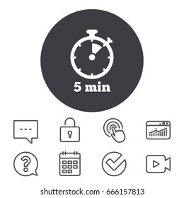 Timer sign icon. 5 minutes stopwatch symbol. Calendar, Locker and Speech bubble line signs. Video camera, Statistics and Question icons. Vector