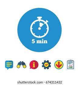 Timer sign icon. 5 minutes stopwatch symbol. Information, Report and Speech bubble signs. Binoculars, Service and Download icons. Vector