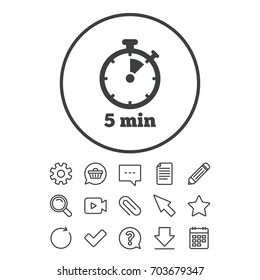 Timer sign icon. 5 minutes stopwatch symbol. Document, Chat and Paper clip line signs. Question, Pencil and Calendar line icons. Star, Download and Shopping cart. Vector