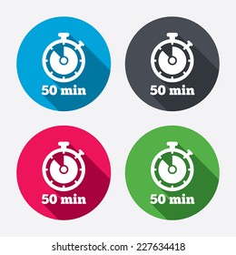 Timer sign icon. 50 minutes stopwatch symbol. Circle buttons with long shadow. 4 icons set. Vector