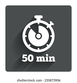 Timer sign icon. 50 minutes stopwatch symbol. Gray flat square button with shadow. Modern UI website navigation. Vector