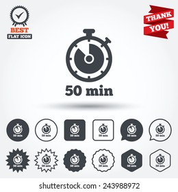 Timer sign icon. 50 minutes stopwatch symbol. Circle, star, speech bubble and square buttons. Award medal with check mark. Thank you. Vector