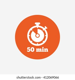 Timer sign icon. 50 minutes stopwatch symbol. Orange circle button with icon. Vector