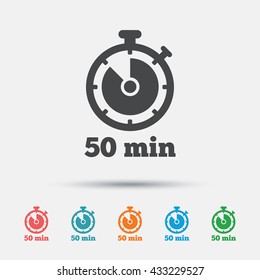 Timer sign icon. 50 minutes stopwatch symbol. Graphic element on white background. Colour clean flat timer icons. Vector