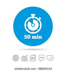 Timer sign icon. 50 minutes stopwatch symbol. Copy files, chat speech bubble and chart web icons. Vector